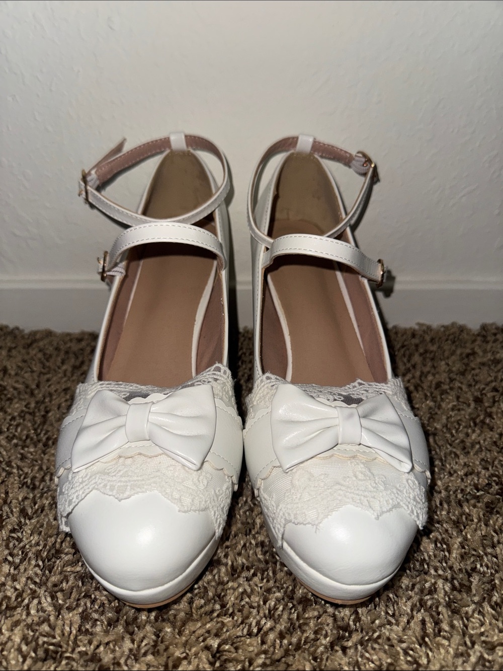 Mary Jane Kawaii White Lace Bow Ankle-Strap Heels